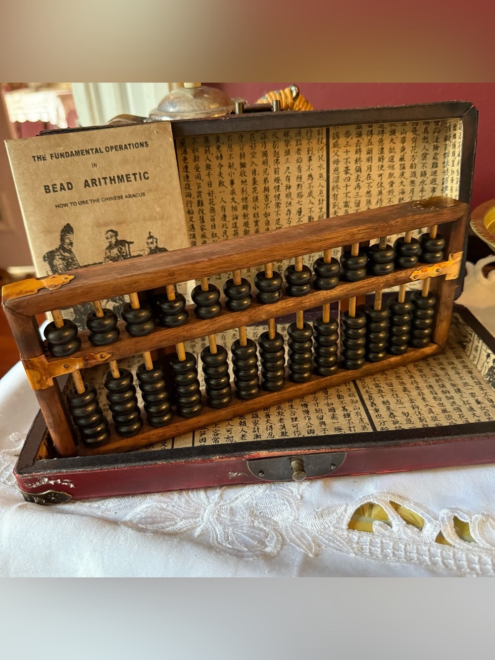 Vintage Wooden Abacus with Red Lacquer Case